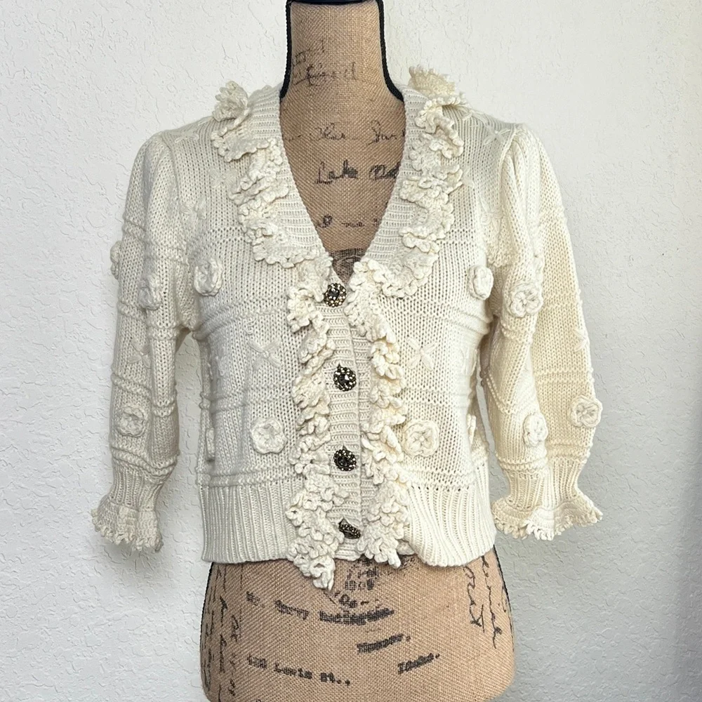 Zara Cream Textured Ruffle-Trim Button Cardigan - Picture 10 of 10